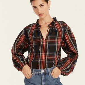 J CREW Tartan Plaid Cotton Ruffleneck Blouse EUC Medium